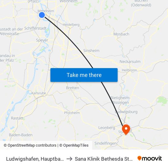 Ludwigshafen, Hauptbahnhof to Sana Klinik Bethesda Stuttgart map