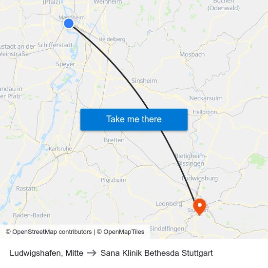 Ludwigshafen, Mitte to Sana Klinik Bethesda Stuttgart map