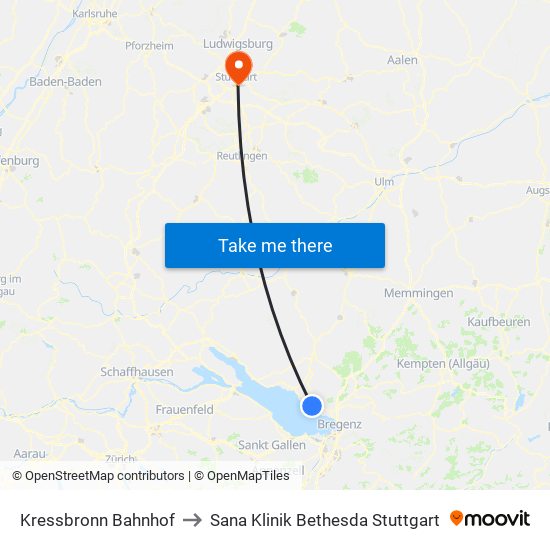 Kressbronn Bahnhof to Sana Klinik Bethesda Stuttgart map