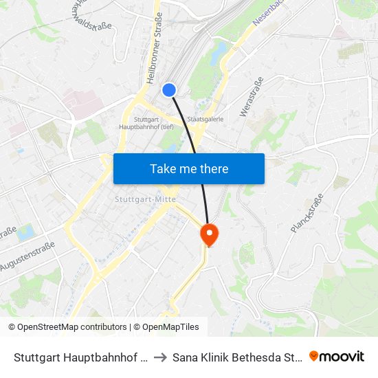 Stuttgart Hauptbahnhof (Oben) to Sana Klinik Bethesda Stuttgart map