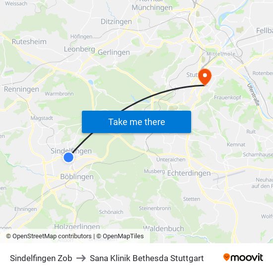 Sindelfingen Zob to Sana Klinik Bethesda Stuttgart map