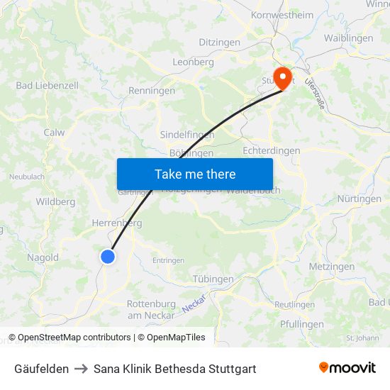 Gäufelden to Sana Klinik Bethesda Stuttgart map