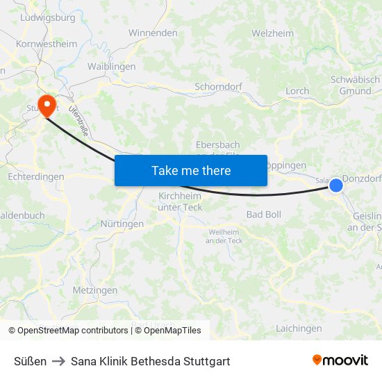 Süßen to Sana Klinik Bethesda Stuttgart map