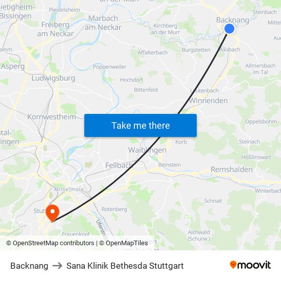 Backnang to Sana Klinik Bethesda Stuttgart map