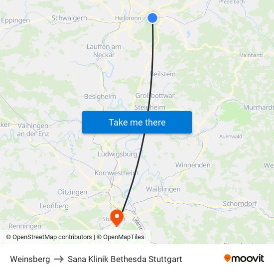 Weinsberg to Sana Klinik Bethesda Stuttgart map