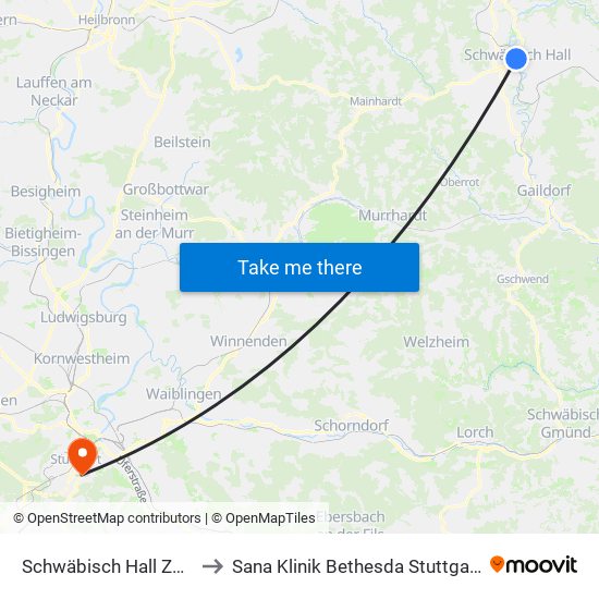 Schwäbisch Hall Zob to Sana Klinik Bethesda Stuttgart map