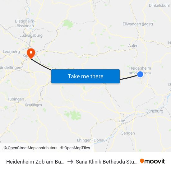 Heidenheim Zob am Bahnhof to Sana Klinik Bethesda Stuttgart map