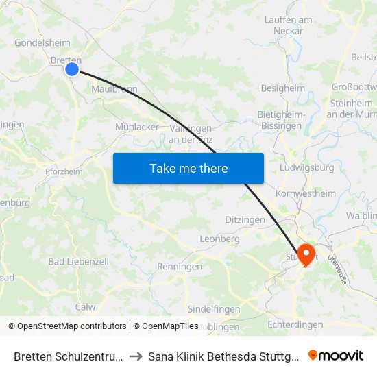 Bretten Schulzentrum to Sana Klinik Bethesda Stuttgart map