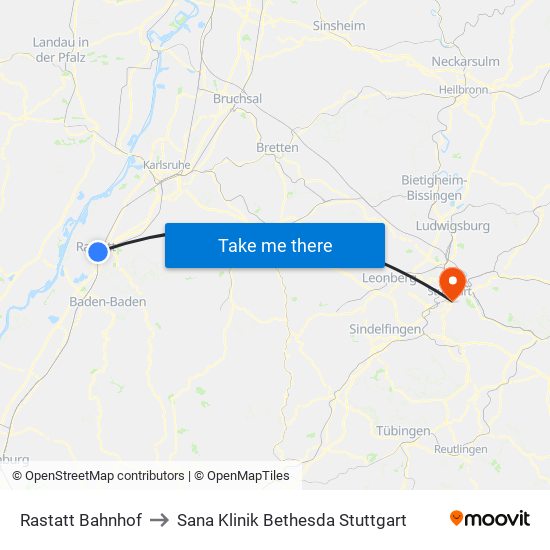 Rastatt Bahnhof to Sana Klinik Bethesda Stuttgart map