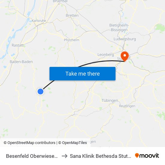 Besenfeld Oberwiesenhof to Sana Klinik Bethesda Stuttgart map