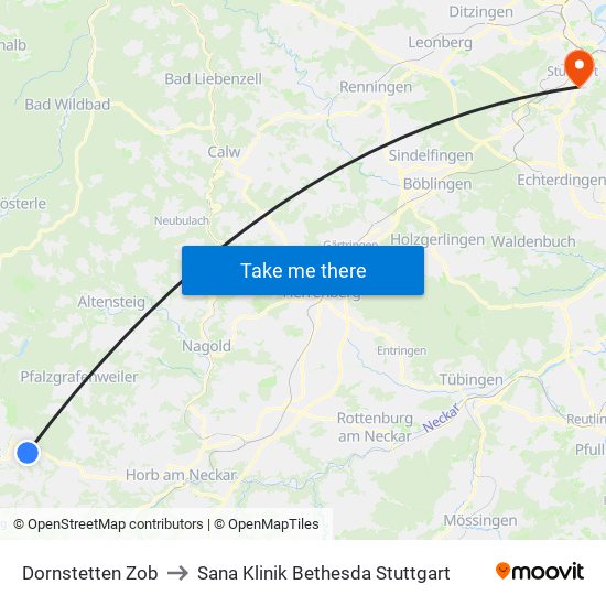 Dornstetten Zob to Sana Klinik Bethesda Stuttgart map