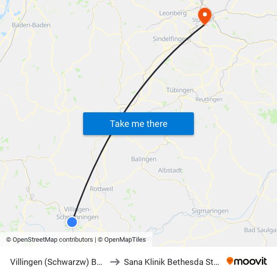 Villingen (Schwarzw) Bahnhof to Sana Klinik Bethesda Stuttgart map