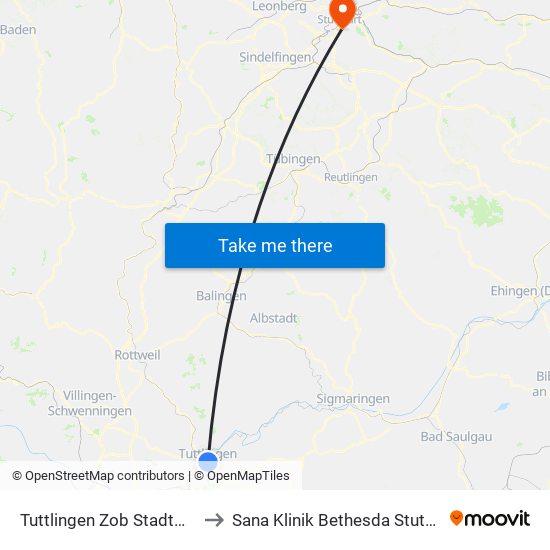 Tuttlingen Zob Stadtmitte to Sana Klinik Bethesda Stuttgart map