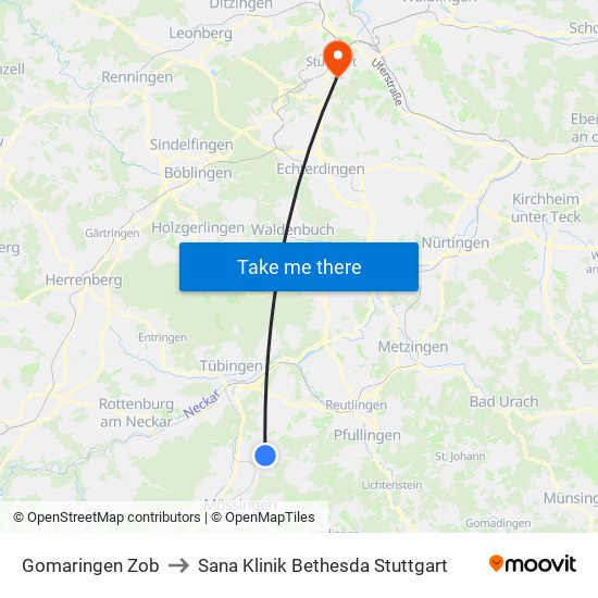 Gomaringen Zob to Sana Klinik Bethesda Stuttgart map