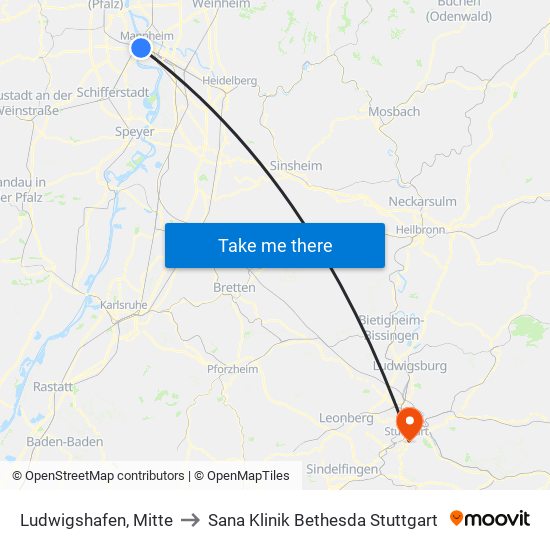 Ludwigshafen, Mitte to Sana Klinik Bethesda Stuttgart map