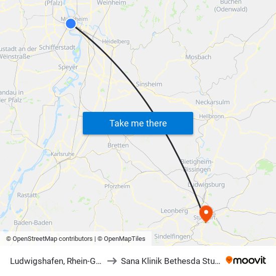 Ludwigshafen, Rhein-Galerie to Sana Klinik Bethesda Stuttgart map