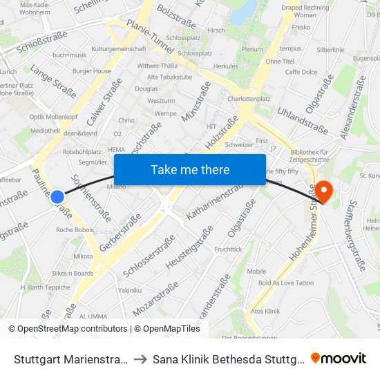 Stuttgart Marienstraße to Sana Klinik Bethesda Stuttgart map