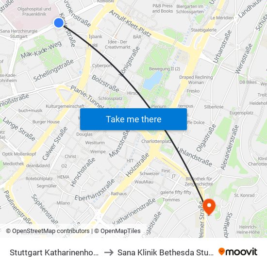 Stuttgart Katharinenhospital to Sana Klinik Bethesda Stuttgart map