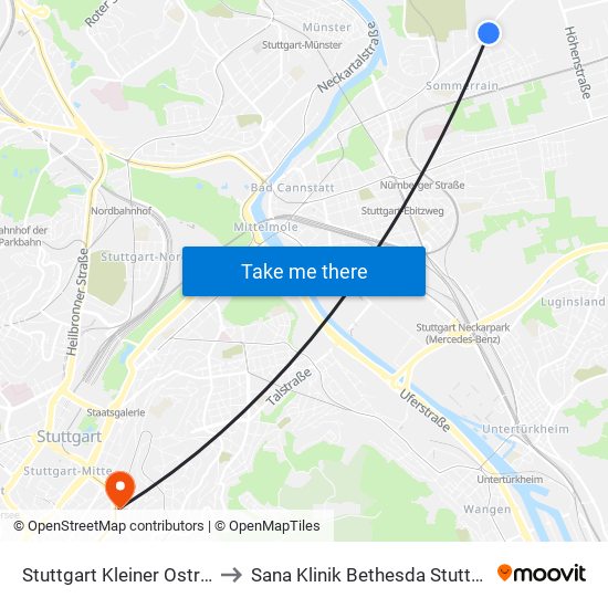 Stuttgart Kleiner Ostring to Sana Klinik Bethesda Stuttgart map