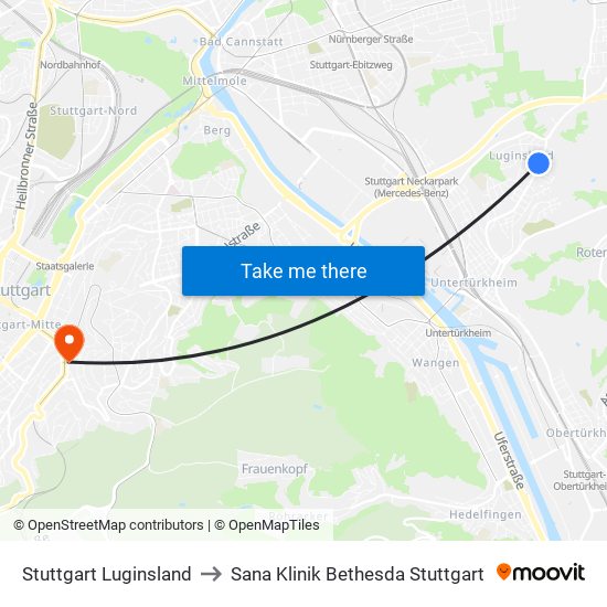 Stuttgart Luginsland to Sana Klinik Bethesda Stuttgart map