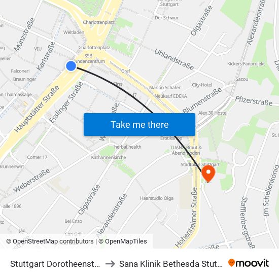 Stuttgart Dorotheenstraße to Sana Klinik Bethesda Stuttgart map