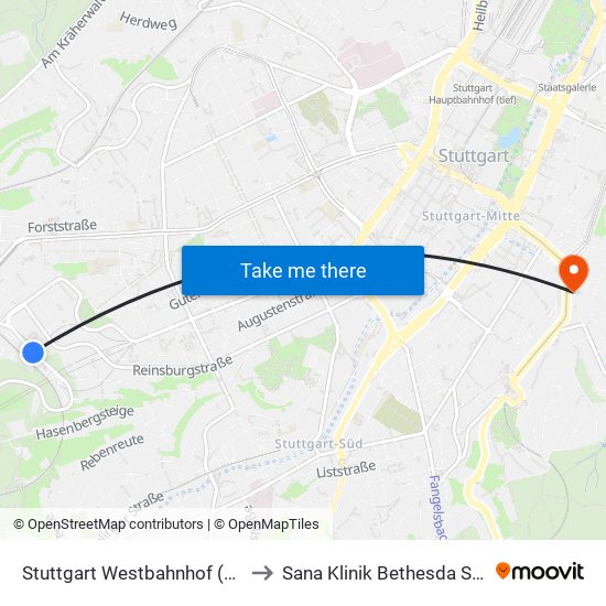 Stuttgart Westbahnhof (Schleife) to Sana Klinik Bethesda Stuttgart map