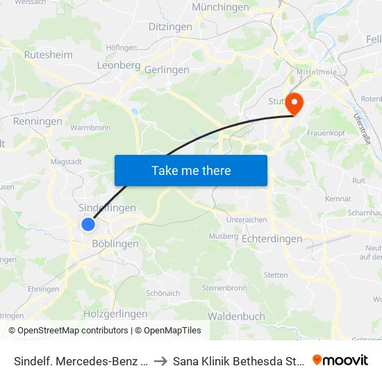 Sindelf. Mercedes-Benz Tor VII to Sana Klinik Bethesda Stuttgart map