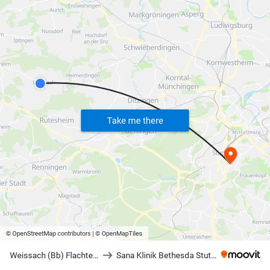 Weissach (Bb) Flachter Str. to Sana Klinik Bethesda Stuttgart map