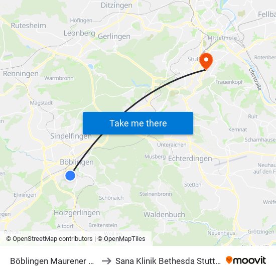 Böblingen Maurener Weg to Sana Klinik Bethesda Stuttgart map