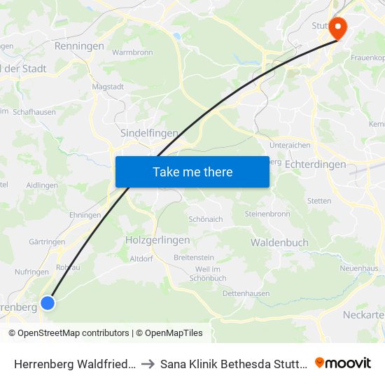 Herrenberg Waldfriedhof to Sana Klinik Bethesda Stuttgart map