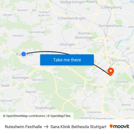 Rutesheim Festhalle to Sana Klinik Bethesda Stuttgart map