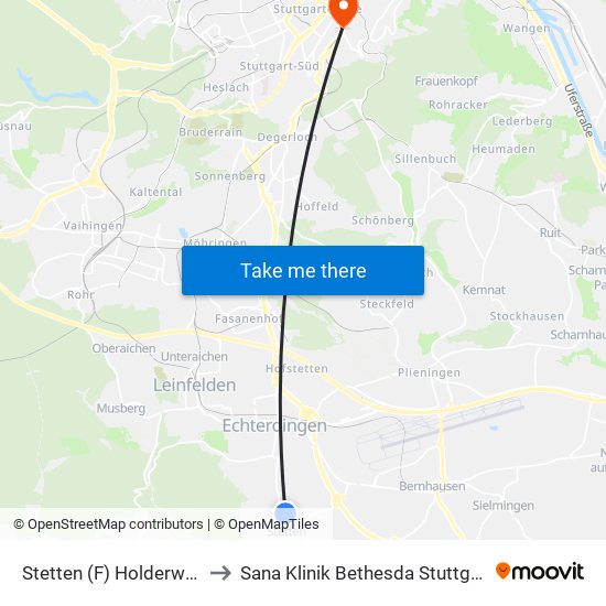 Stetten (F) Holderweg to Sana Klinik Bethesda Stuttgart map