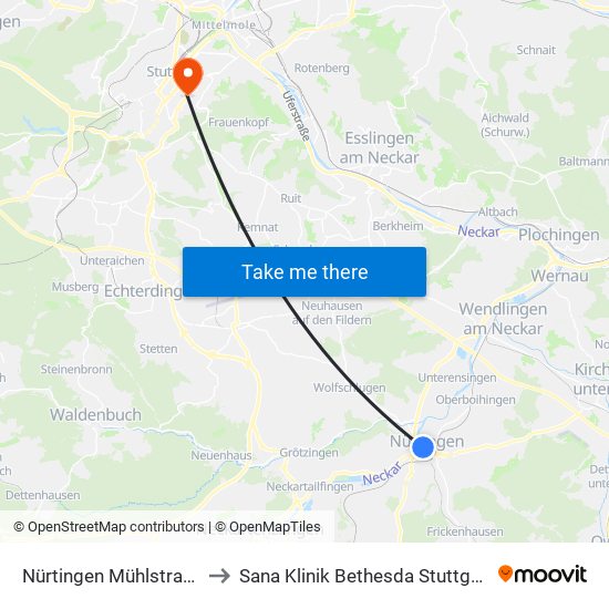 Nürtingen Mühlstraße to Sana Klinik Bethesda Stuttgart map