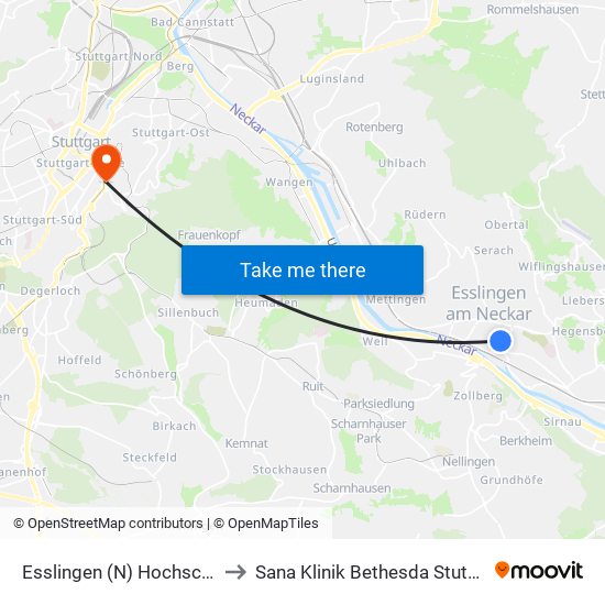 Esslingen (N) Hochschule to Sana Klinik Bethesda Stuttgart map