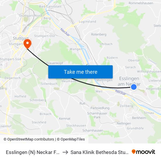 Esslingen (N) Neckar Forum to Sana Klinik Bethesda Stuttgart map