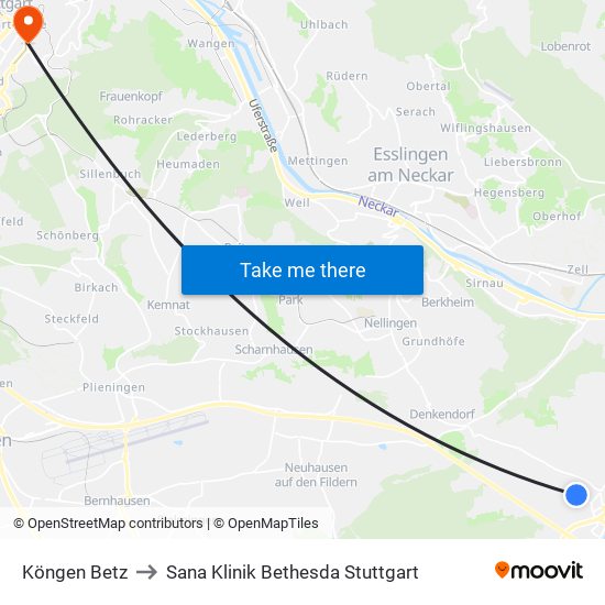 Köngen Betz to Sana Klinik Bethesda Stuttgart map