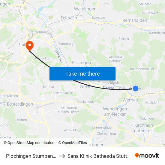 Plochingen Stumpenhof to Sana Klinik Bethesda Stuttgart map