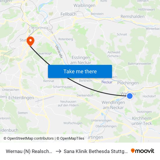 Wernau (N) Realschule to Sana Klinik Bethesda Stuttgart map
