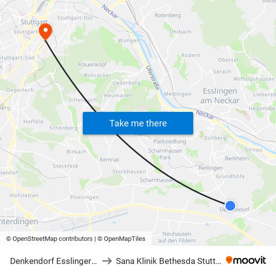 Denkendorf Esslinger Str. to Sana Klinik Bethesda Stuttgart map