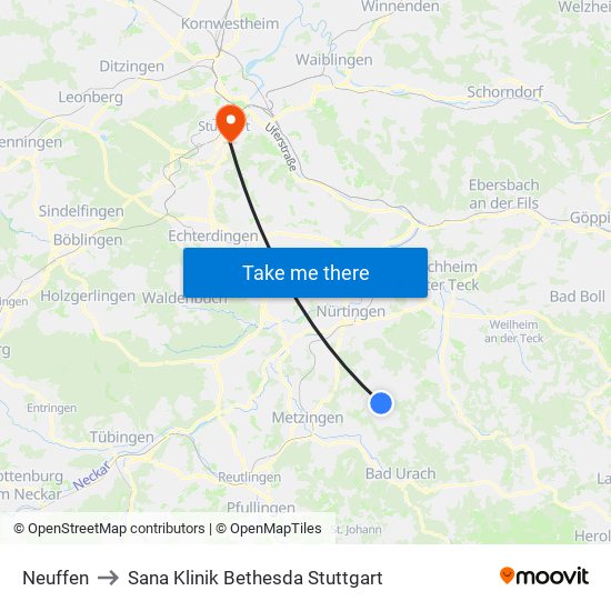Neuffen to Sana Klinik Bethesda Stuttgart map