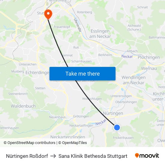 Nürtingen Roßdorf to Sana Klinik Bethesda Stuttgart map