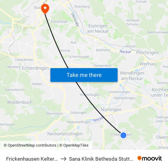 Frickenhausen Kelterstr. to Sana Klinik Bethesda Stuttgart map