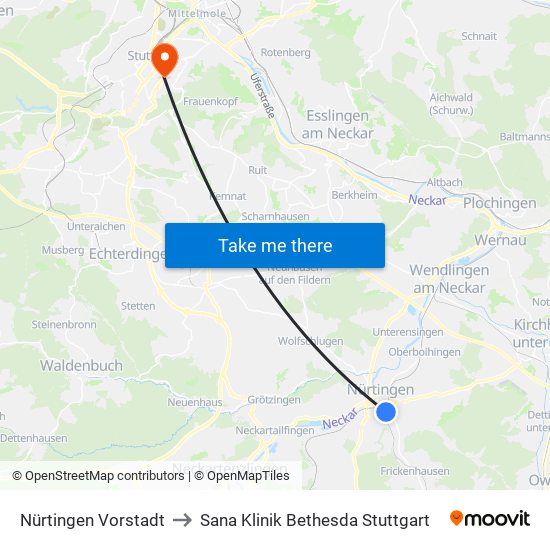 Nürtingen Vorstadt to Sana Klinik Bethesda Stuttgart map
