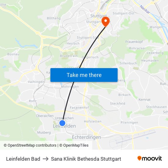Leinfelden Bad to Sana Klinik Bethesda Stuttgart map