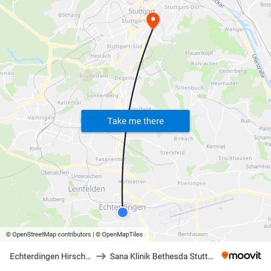 Echterdingen Hirschstr. to Sana Klinik Bethesda Stuttgart map