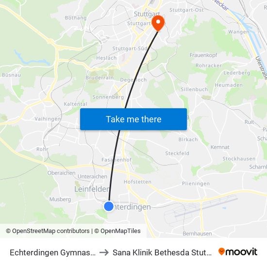 Echterdingen Gymnasium to Sana Klinik Bethesda Stuttgart map