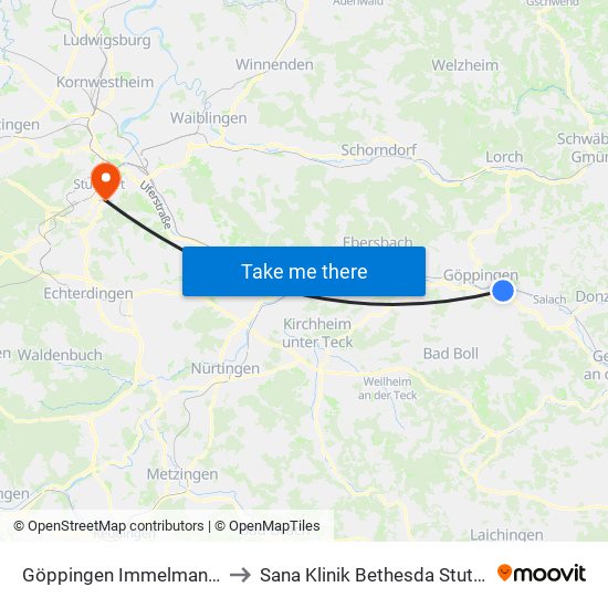 Göppingen Immelmannstr. to Sana Klinik Bethesda Stuttgart map