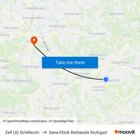 Zell (A) Schillerstr. to Sana Klinik Bethesda Stuttgart map