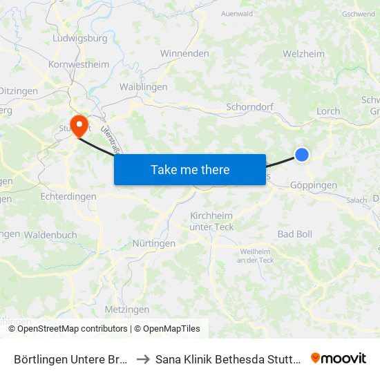 Börtlingen Untere Bruck to Sana Klinik Bethesda Stuttgart map