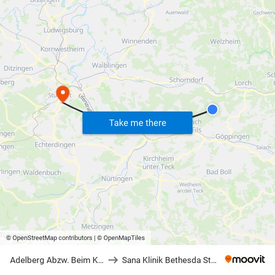 Adelberg Abzw. Beim Kloster to Sana Klinik Bethesda Stuttgart map